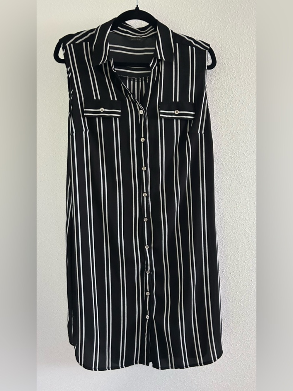 Mlle Gabrielle Black and White Striped Sleeveless Shirt Dress